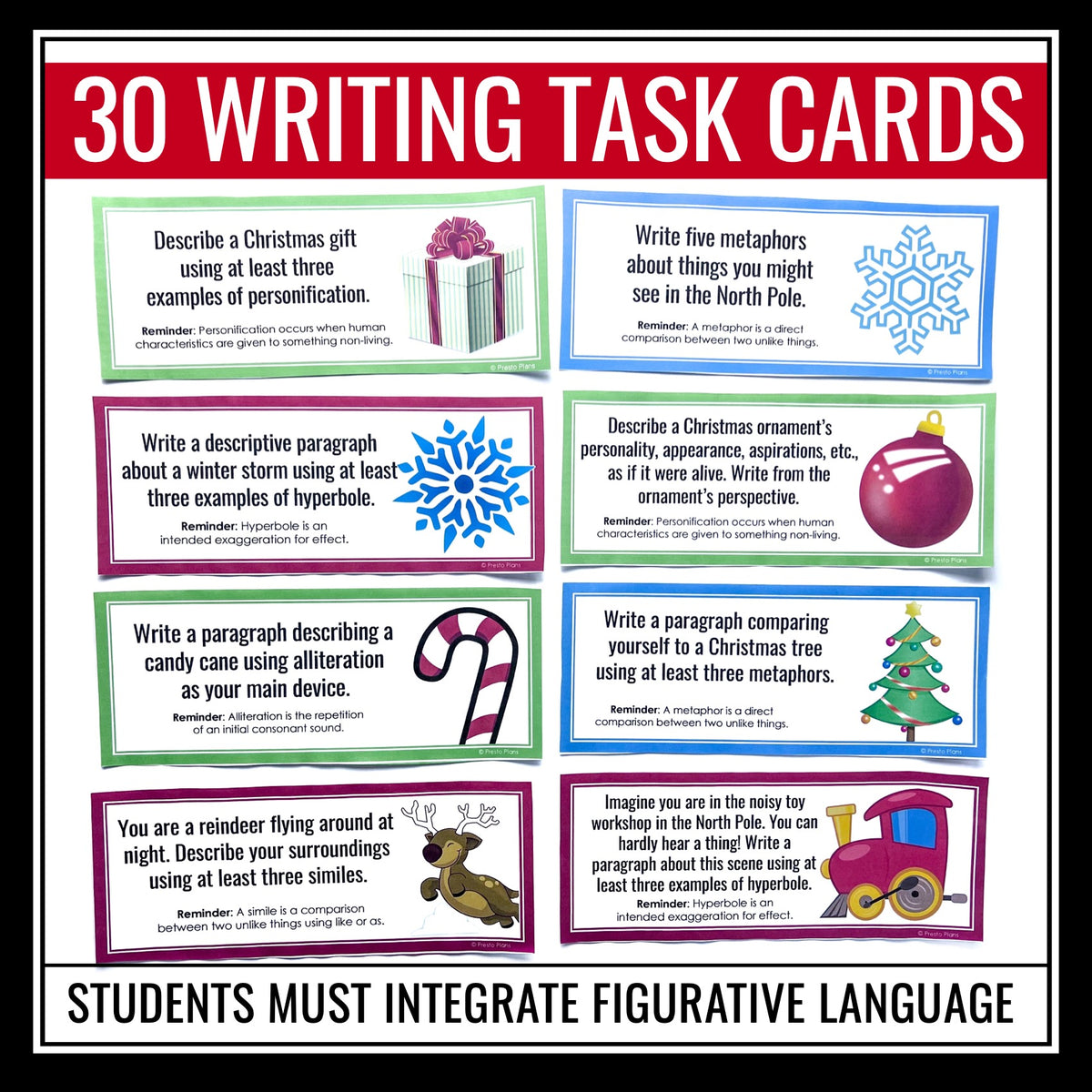 Christmas Figurative Language Writing Task Cards - Holiday Writing 