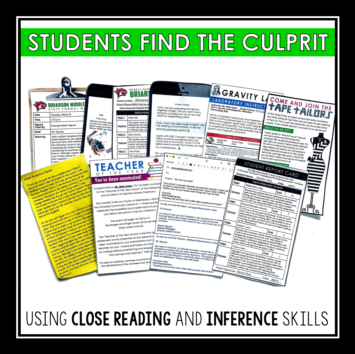 CLOSE READING INFERENCE MYSTERY: WHO TAPED THE GYM TEACHER TO THE