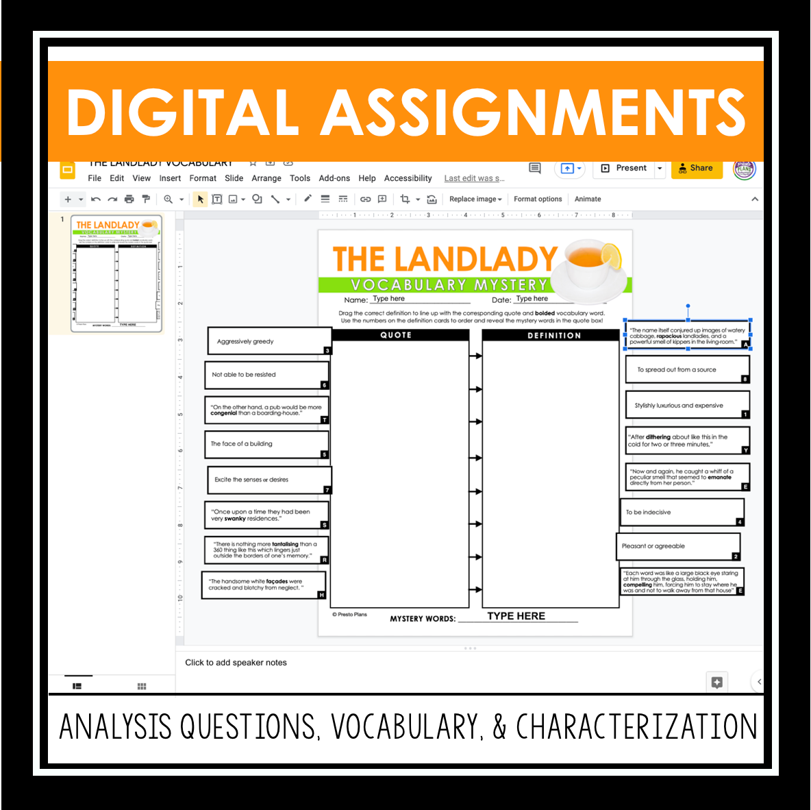 THE LANDLADY BY ROALD DAHL DIGITAL SHORT STORY RESOURCES – Presto Plans