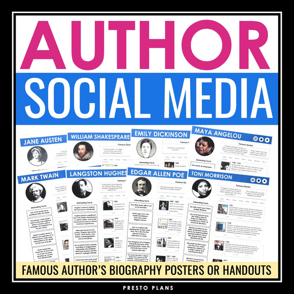 Author Biography Social Media Classroom Posters - ELA Bulletin Board Decor