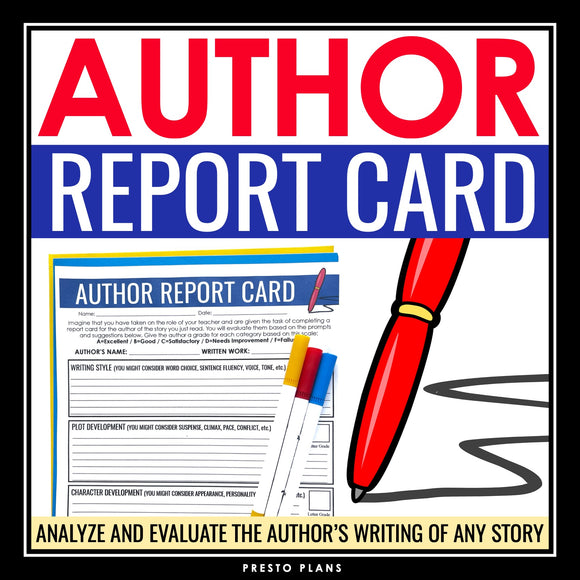 Author Report Card Assignment for Any Novel or Short Story - Story Elements