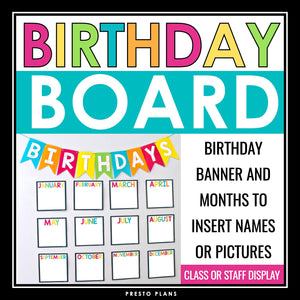 Birthday Board Bulletin Display - Classroom Decor Staff or Student Birthdays