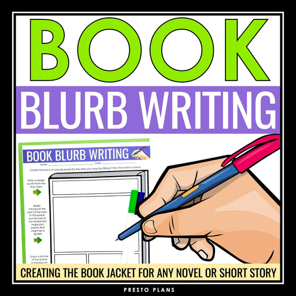 Novel Analysis Reading Assignment for any Text  - Book Jacket Blurb Writing