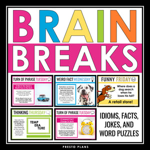 Bell Ringers or Warm Ups - Fun Word Puzzles, Jokes, Facts, Idioms - Brain Breaks