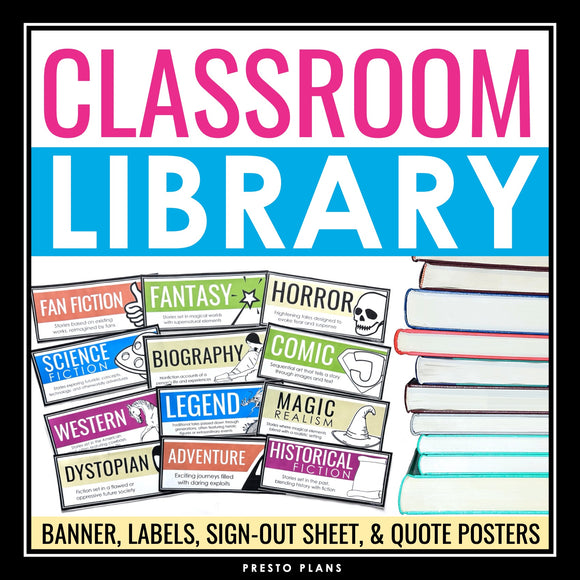 Classroom Library Labels for Novel Genres, Posters, and Book Sign-Out Sheet