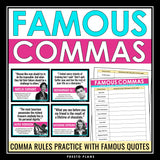 Comma Rules Practice Activity - Correct Comma Errors in Famous Quotes Task Cards