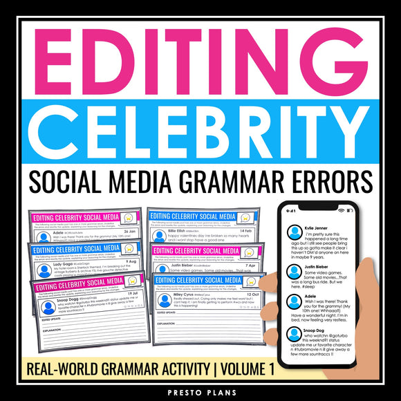 Grammar Activity - Editing Celebrity Social Media Grammar Errors Assignments