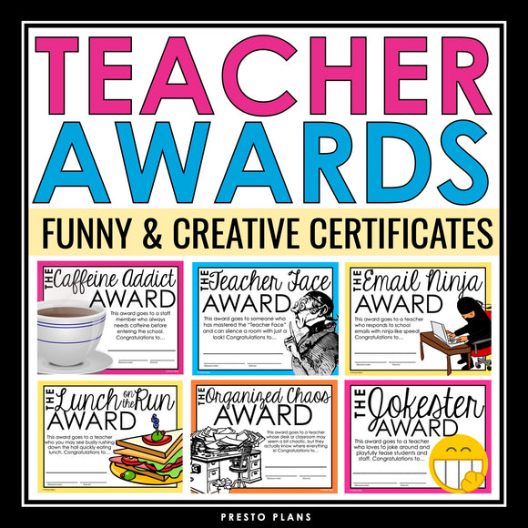 End of the Year Awards for Teacher or School Staff - Teacher Awards Certificates