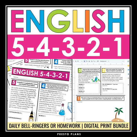 English Bell Ringers - Grammar, Vocab, Reading, Writing - Digital Print Bundle