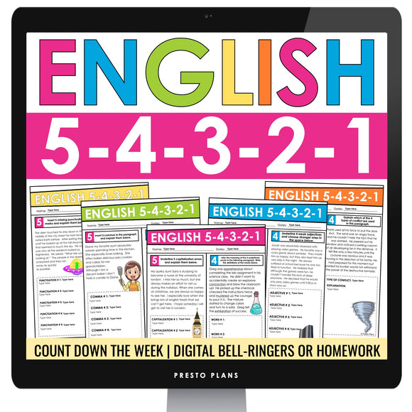 English Bell Ringers - Grammar, Vocab, Lit Terms, Writing, Reading - Digital