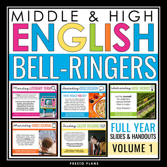 English Bell Ringers - Literary Devices, Discussion, Writing, & Videos - Vol 1