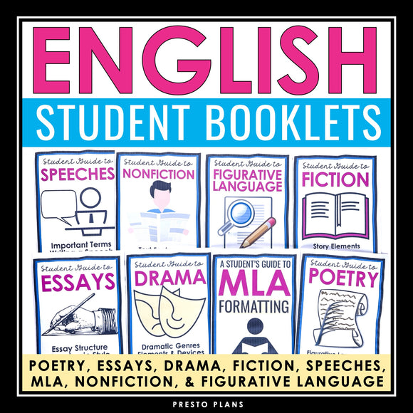 English Student Booklets - Poetry, Nonfiction, Fiction, Drama, MLA, Speeches