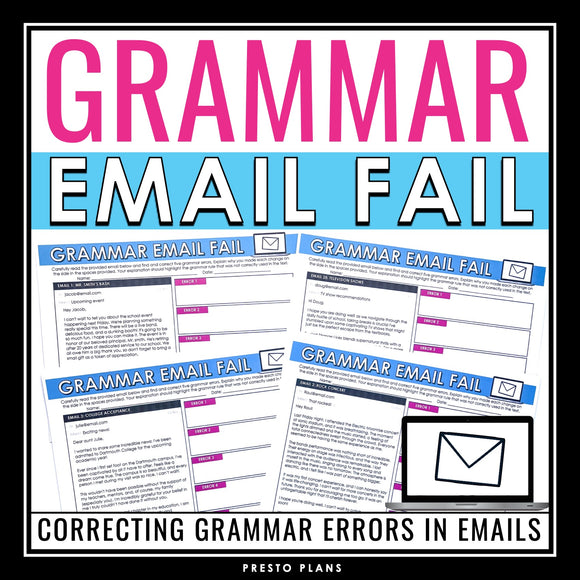 Grammar Activity - Correcting Grammar Errors in Emails Assignments & Task Cards