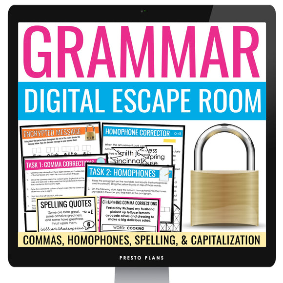 Grammar Digital Escape Room - Commas, Spelling, Homophones, Capitalization