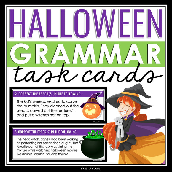 Halloween Grammar Activity - Editing Grammar Errors in Halloween Task Cards