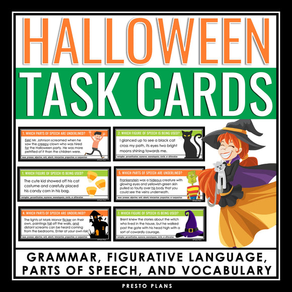 Halloween Task Cards - Grammar, Parts of Speech, Vocabulary, Figurative Language