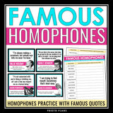 Homophones Practice Activity - Correct Errors in Famous Quotes Task Cards