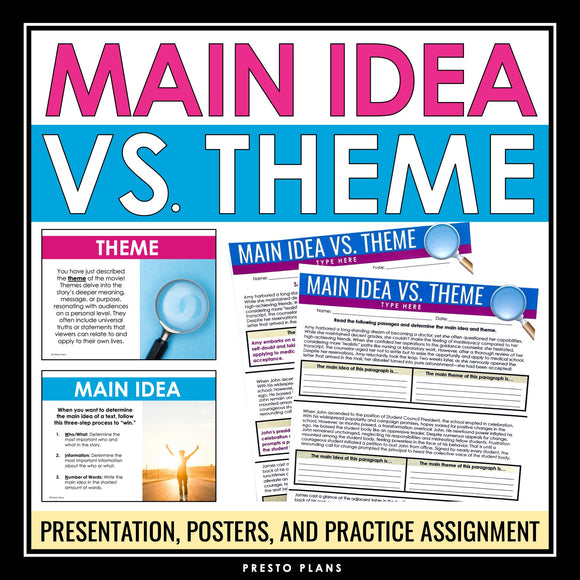 Main Idea vs Theme Lesson - Presentation, Posters, and Worksheet Assignment