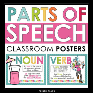 Parts of Speech Posters - Classroom Bulletin Board Grammar Decor Display