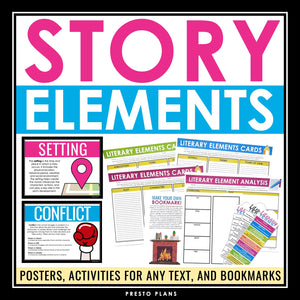 Story Elements Posters and Activities - Fiction Literary Devices Bulletin Board