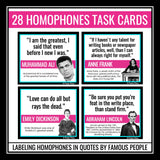 Homophones Practice Activity - Correct Errors in Famous Quotes Task Cards