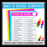 Back to School Activity - Would You Rather Get to Know You First Days Activity