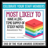 End of the Year Teacher Awards Most Likely To School Staff Awards Certificates