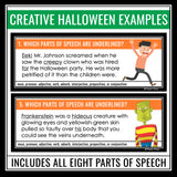 Halloween Parts of Speech Task Cards Activity - Labeling Parts of Speech