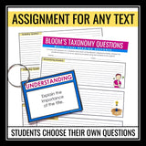 Bloom's Taxonomy Posters, Reading Question Cards, and Assignment for Any Story