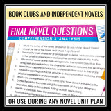 Novel Questions - Use with Literature Circles, Book Clubs, & Independent Reading