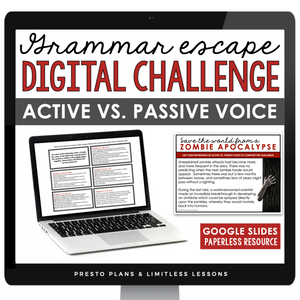 Active and Passive Voice Grammar Activity Escape Room Challenge, Slides, & Quiz