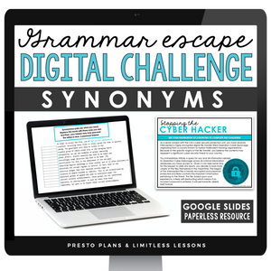 Synonyms Vocabulary Word Escape Room Digital Activity, Google Slides, and Quiz