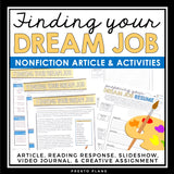 Nonfiction Reading Comprehension Article and Activities - Find Your Dream Job