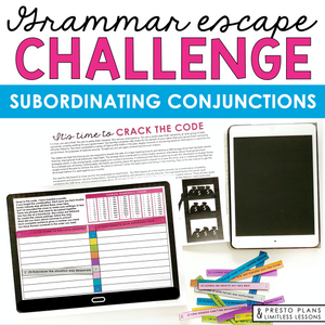 Subordinating Conjunctions Grammar Activity Escape Challenge, Slides, & Quiz